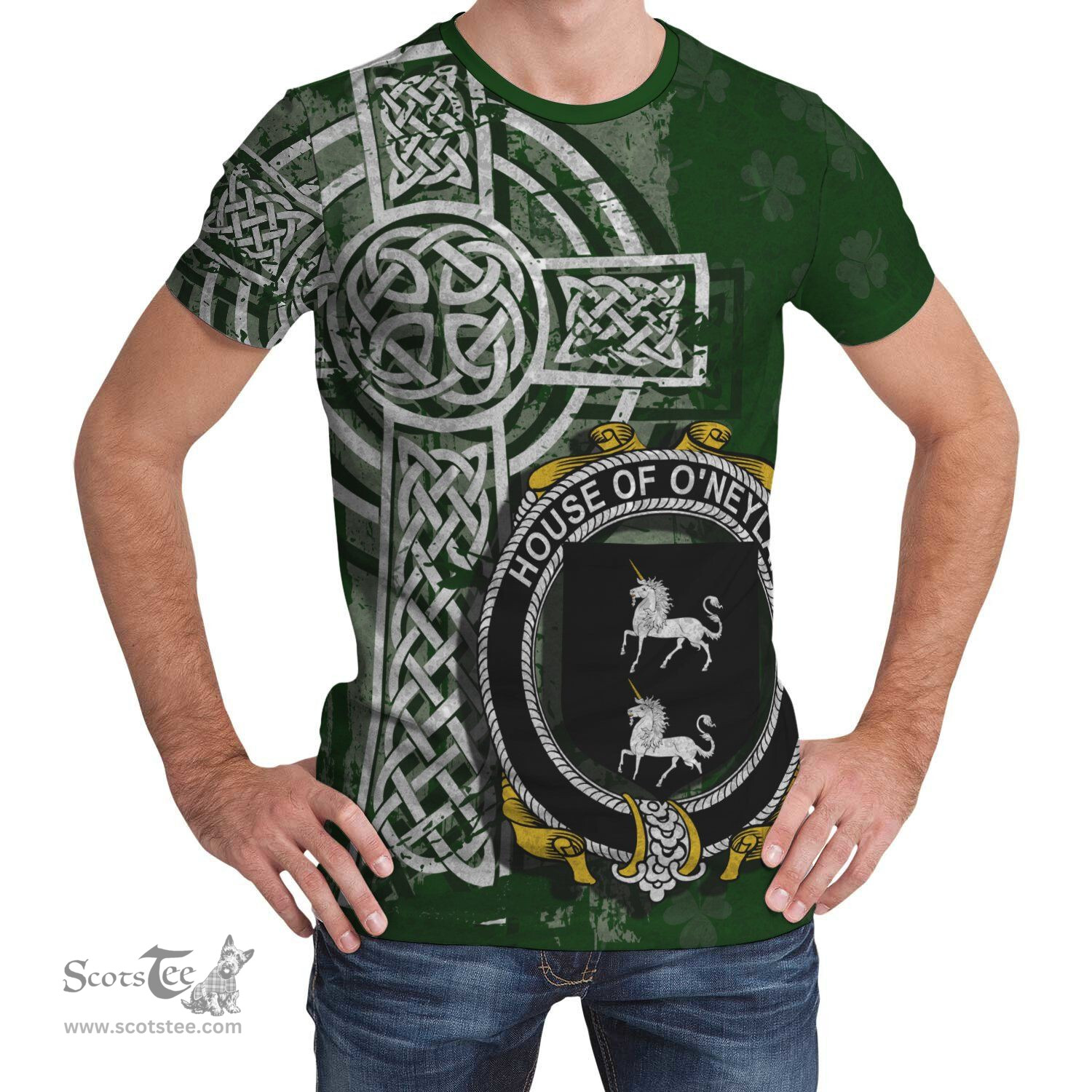 ScotsTee Shop Irish Neilan or O'Neylan Coat of Arms Irish Family Crest T Shirt Irish Shamrock Celtic Cross Green T Shirt