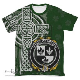 ScotsTee Shop Irish Nelson or Nealson Coat of Arms Irish Family Crest T Shirt Irish Shamrock Celtic Cross Green T Shirt