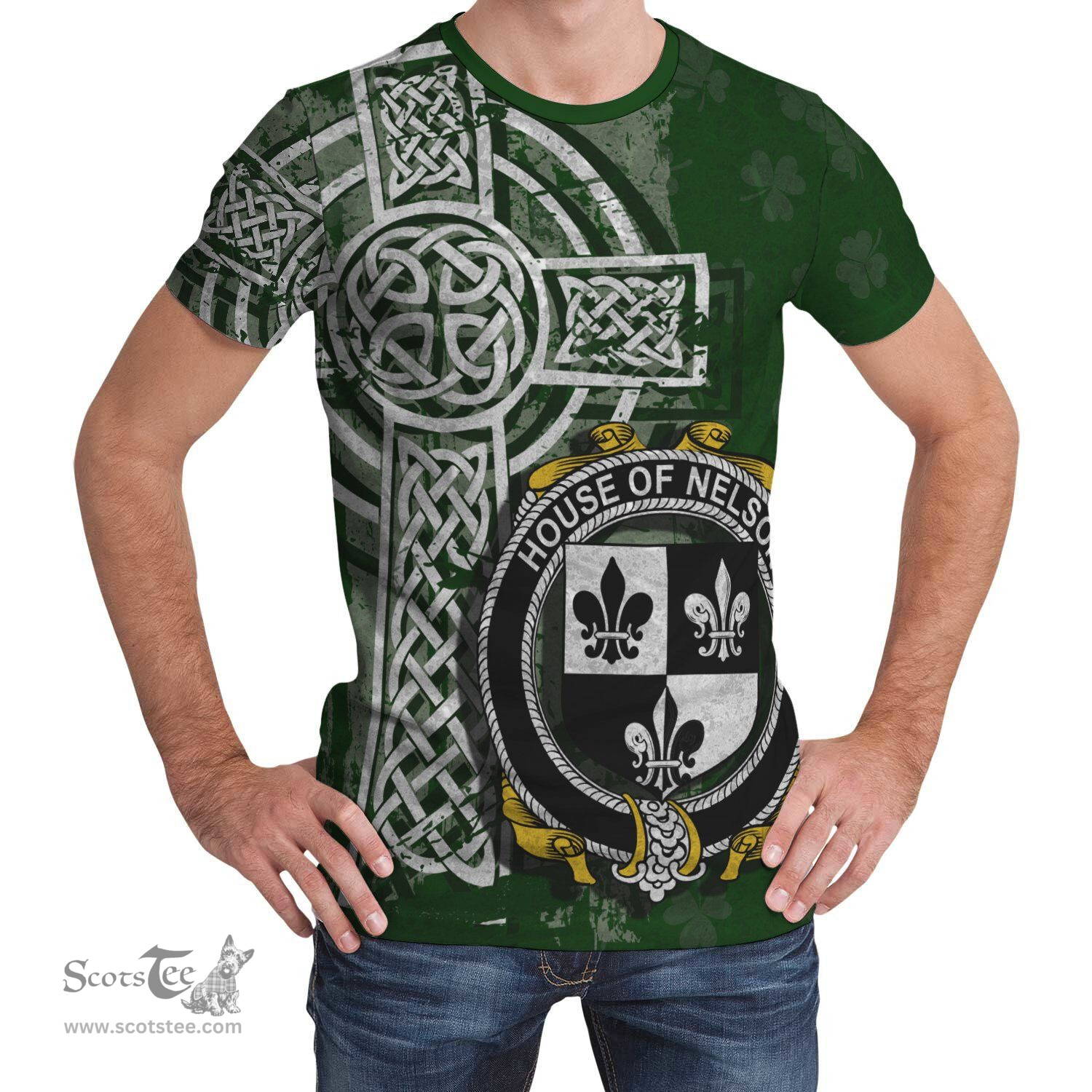 ScotsTee Shop Irish Nelson or Nealson Coat of Arms Irish Family Crest T Shirt Irish Shamrock Celtic Cross Green T Shirt