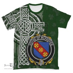 ScotsTee Shop Irish McFadden or McFadyen Coat of Arms Irish Family Crest T Shirt Irish Shamrock Celtic Cross Green T Shirt