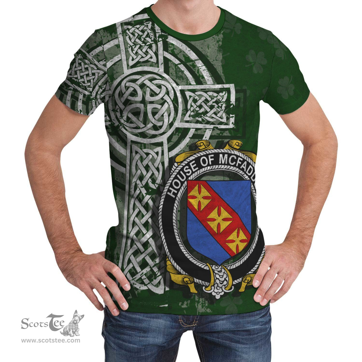 ScotsTee Shop Irish McFadden or McFadyen Coat of Arms Irish Family Crest T Shirt Irish Shamrock Celtic Cross Green T Shirt