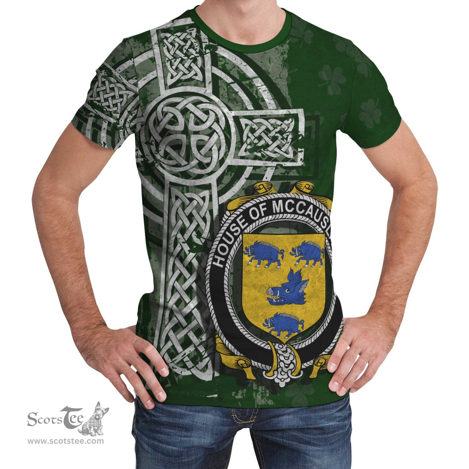 ScotsTee Shop Irish McCausland Coat of Arms Irish Family Crest T Shirt Irish Shamrock Celtic Cross Green T Shirt