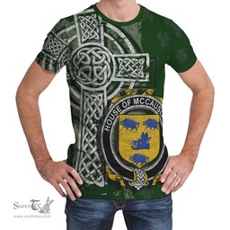 ScotsTee Shop Irish McCausland Coat of Arms Irish Family Crest T Shirt Irish Shamrock Celtic Cross Green T Shirt