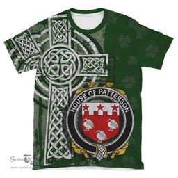 ScotsTee Shop Irish Patterson Coat of Arms Irish Family Crest T Shirt Irish Shamrock Celtic Cross Green T Shirt