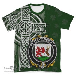 ScotsTee Shop Irish McNulty Coat of Arms Irish Family Crest T Shirt Irish Shamrock Celtic Cross Green T Shirt