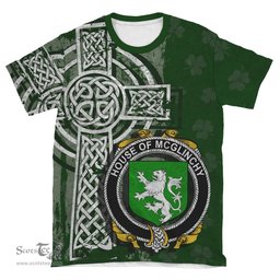 ScotsTee Shop Irish McGlinchy or McGlinchey Coat of Arms Irish Family Crest T Shirt Irish Shamrock Celtic Cross Green T Shirt