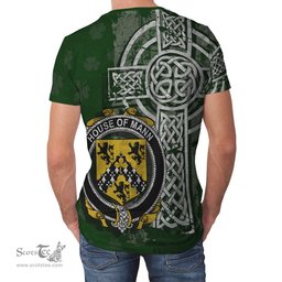 ScotsTee Shop Irish Mann Coat of Arms Irish Family Crest T Shirt Irish Shamrock Celtic Cross Green T Shirt