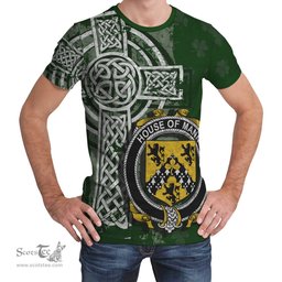 ScotsTee Shop Irish Mann Coat of Arms Irish Family Crest T Shirt Irish Shamrock Celtic Cross Green T Shirt