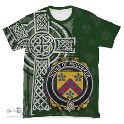 ScotsTee Shop Irish McCusker or Cosker Coat of Arms Irish Family Crest T Shirt Irish Shamrock Celtic Cross Green T Shirt