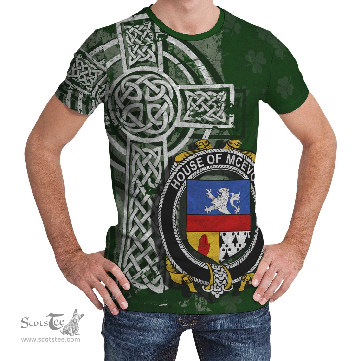 ScotsTee Shop Irish McEvoy or McKelvey Coat of Arms Irish Family Crest T Shirt Irish Shamrock Celtic Cross Green T Shirt