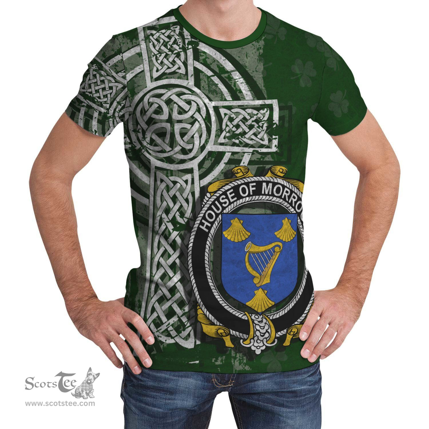 ScotsTee Shop Irish Morrogh or Morrow Coat of Arms Irish Family Crest T Shirt Irish Shamrock Celtic Cross Green T Shirt