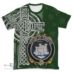 ScotsTee Shop Irish Rawson Coat of Arms Irish Family Crest T Shirt Irish Shamrock Celtic Cross Green T Shirt