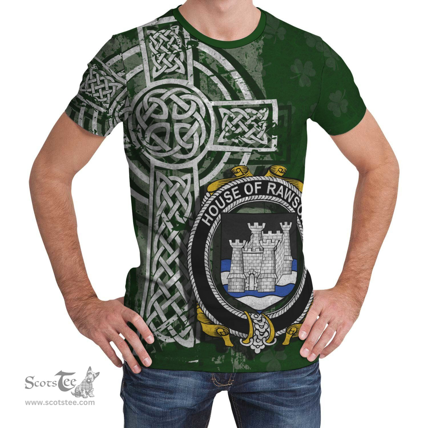 ScotsTee Shop Irish Rawson Coat of Arms Irish Family Crest T Shirt Irish Shamrock Celtic Cross Green T Shirt