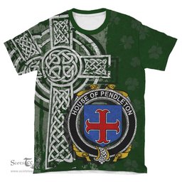 ScotsTee Shop Irish Pendleton Coat of Arms Irish Family Crest T Shirt Irish Shamrock Celtic Cross Green T Shirt