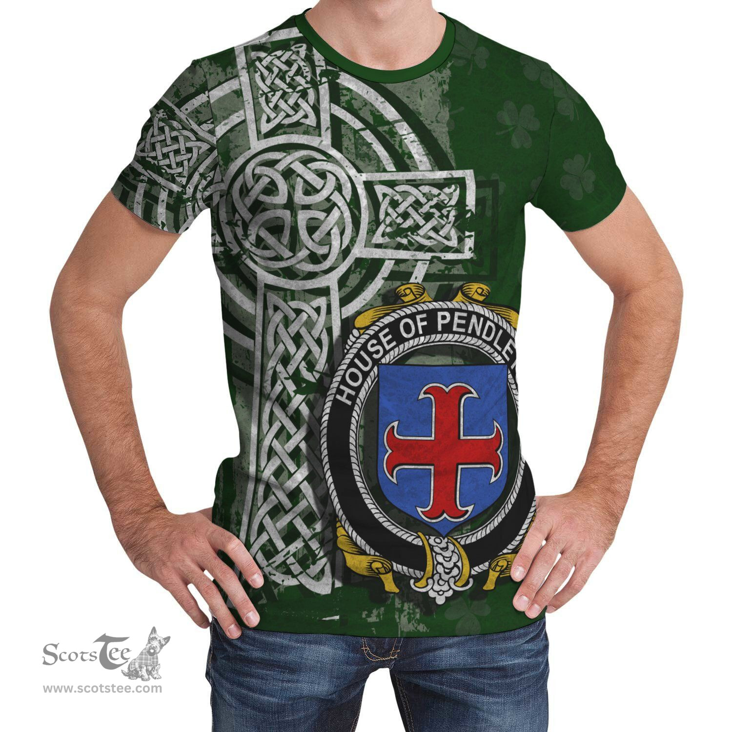 ScotsTee Shop Irish Pendleton Coat of Arms Irish Family Crest T Shirt Irish Shamrock Celtic Cross Green T Shirt