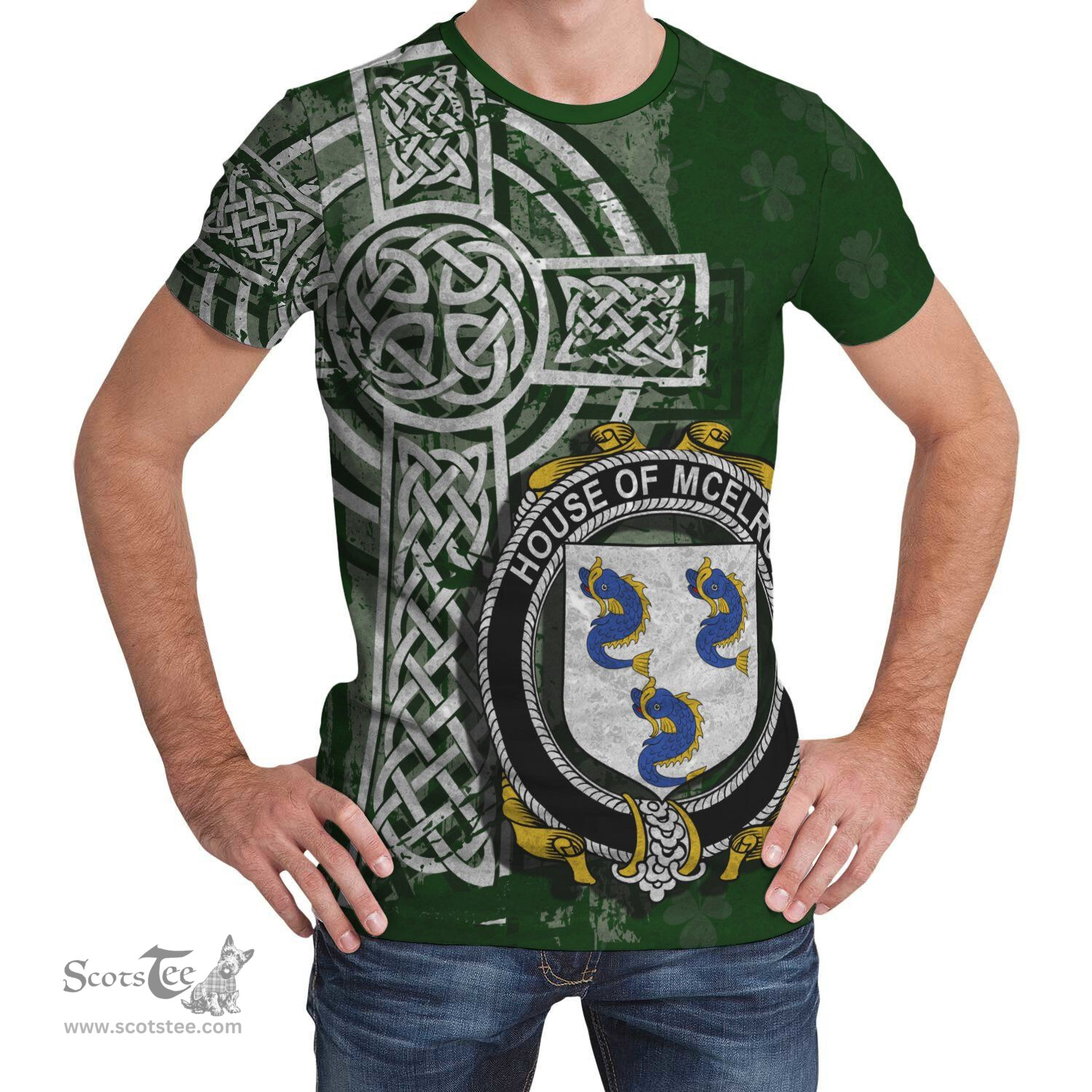 ScotsTee Shop Irish McElroy or Gilroy Coat of Arms Irish Family Crest T Shirt Irish Shamrock Celtic Cross Green T Shirt