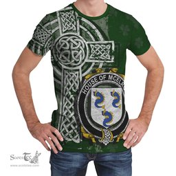 ScotsTee Shop Irish McElroy or Gilroy Coat of Arms Irish Family Crest T Shirt Irish Shamrock Celtic Cross Green T Shirt