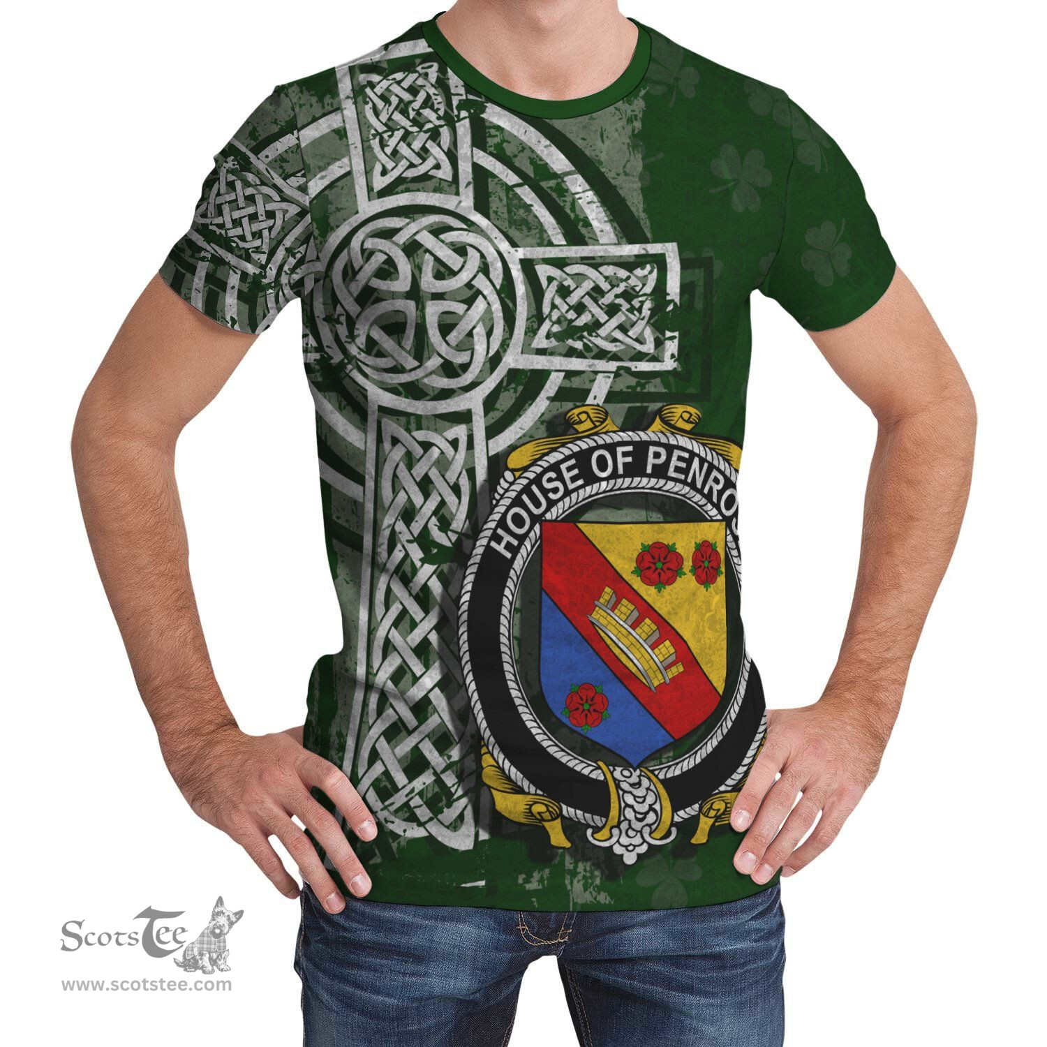ScotsTee Shop Irish Penrose Coat of Arms Irish Family Crest T Shirt Irish Shamrock Celtic Cross Green T Shirt