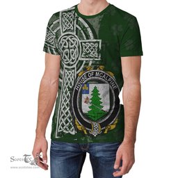 ScotsTee Shop Irish McAlpine or MacAlpin Coat of Arms Irish Family Crest T Shirt Irish Shamrock Celtic Cross Green T Shirt