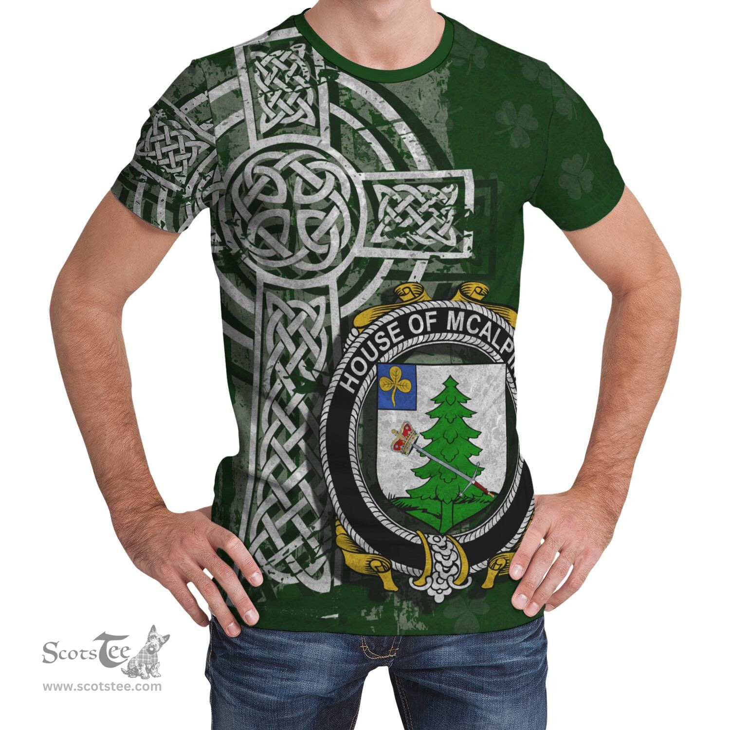 ScotsTee Shop Irish McAlpine or MacAlpin Coat of Arms Irish Family Crest T Shirt Irish Shamrock Celtic Cross Green T Shirt