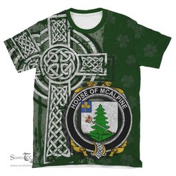 ScotsTee Shop Irish McAlpine or MacAlpin Coat of Arms Irish Family Crest T Shirt Irish Shamrock Celtic Cross Green T Shirt