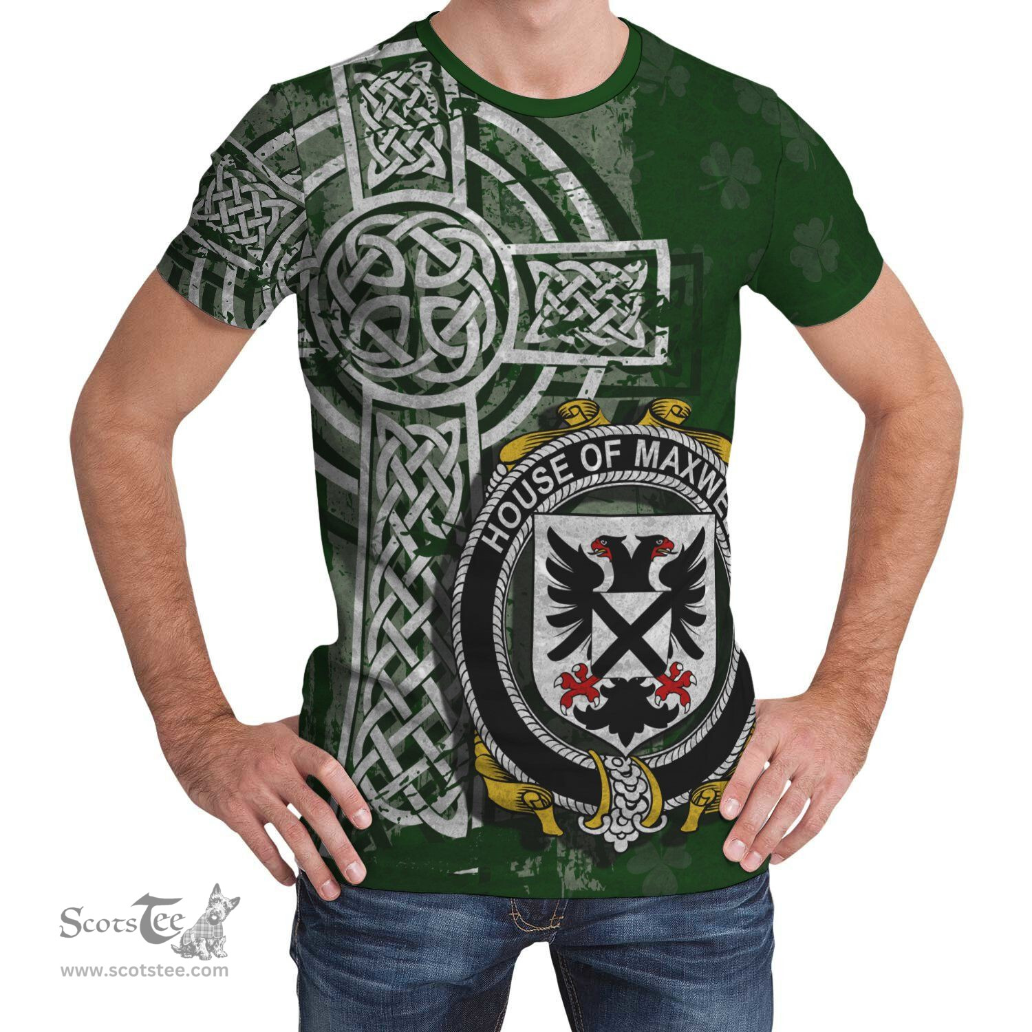 ScotsTee Shop Irish Maxwell Coat of Arms Irish Family Crest T Shirt Irish Shamrock Celtic Cross Green T Shirt