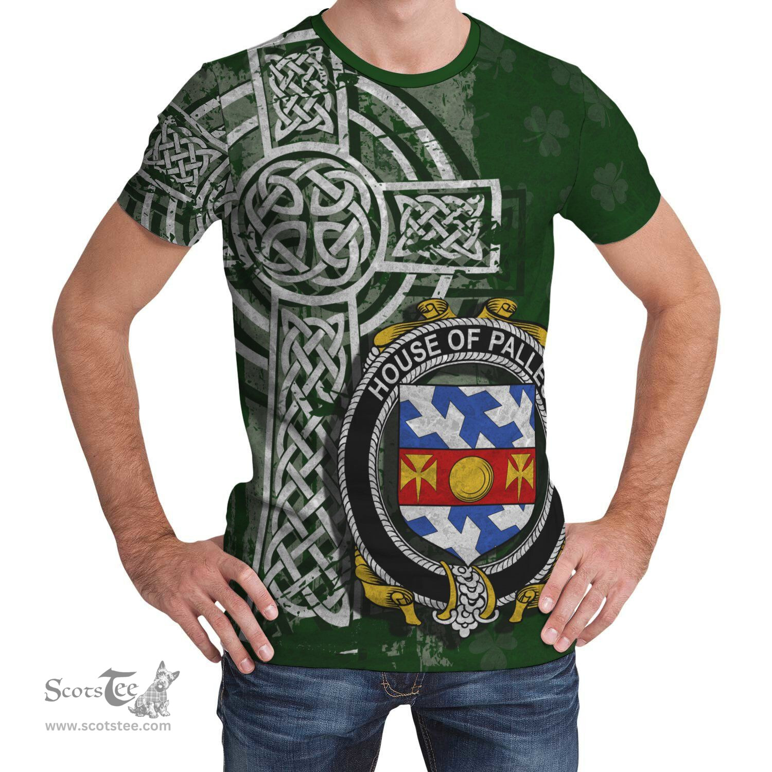 ScotsTee Shop Irish Palles Coat of Arms Irish Family Crest T Shirt Irish Shamrock Celtic Cross Green T Shirt