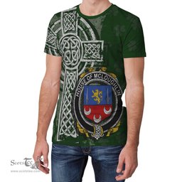 ScotsTee Shop Irish McLoughlin or Loughlin Coat of Arms Irish Family Crest T Shirt Irish Shamrock Celtic Cross Green T Shirt