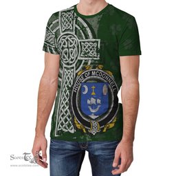 ScotsTee Shop Irish McDonnell Coat of Arms Irish Family Crest T Shirt Irish Shamrock Celtic Cross Green T Shirt