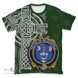 ScotsTee Shop Irish McDonnell Coat of Arms Irish Family Crest T Shirt Irish Shamrock Celtic Cross Green T Shirt