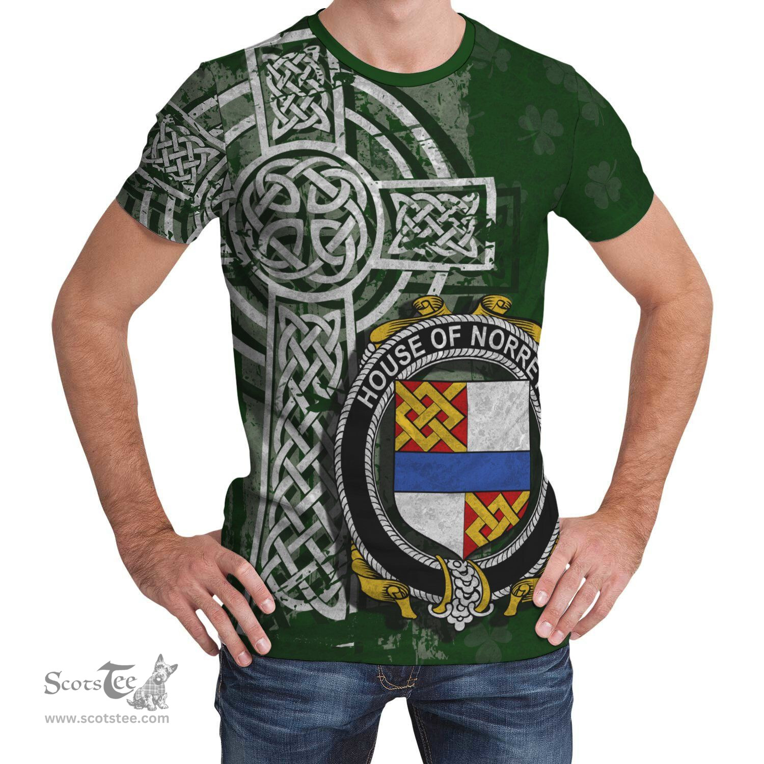ScotsTee Shop Irish Norreys Coat of Arms Irish Family Crest T Shirt Irish Shamrock Celtic Cross Green T Shirt
