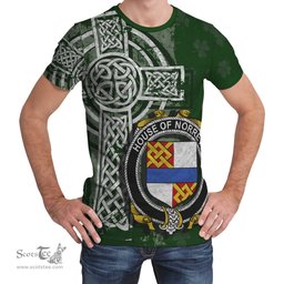 ScotsTee Shop Irish Norreys Coat of Arms Irish Family Crest T Shirt Irish Shamrock Celtic Cross Green T Shirt