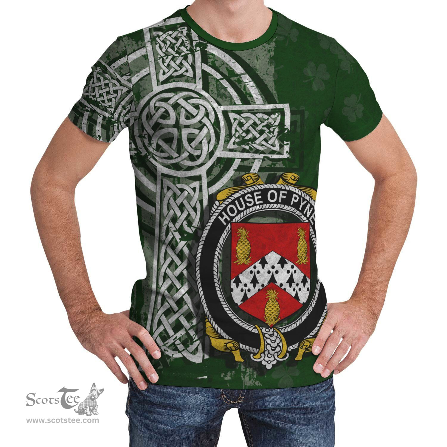 ScotsTee Shop Irish Pyne Coat of Arms Irish Family Crest T Shirt Irish Shamrock Celtic Cross Green T Shirt