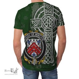 ScotsTee Shop Irish Minchin Coat of Arms Irish Family Crest T Shirt Irish Shamrock Celtic Cross Green T Shirt