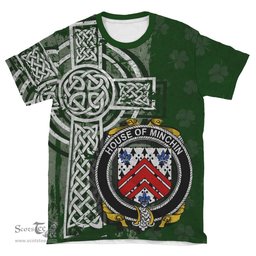 ScotsTee Shop Irish Minchin Coat of Arms Irish Family Crest T Shirt Irish Shamrock Celtic Cross Green T Shirt
