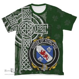 ScotsTee Shop Irish Nowland Coat of Arms Irish Family Crest T Shirt Irish Shamrock Celtic Cross Green T Shirt