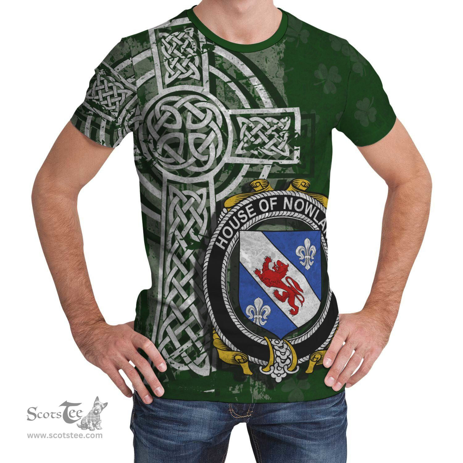 ScotsTee Shop Irish Nowland Coat of Arms Irish Family Crest T Shirt Irish Shamrock Celtic Cross Green T Shirt