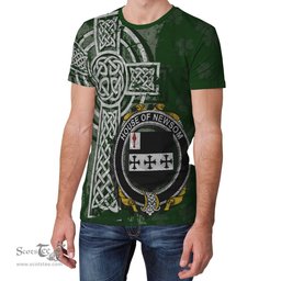 ScotsTee Shop Irish Newsom or Newsam Coat of Arms Irish Family Crest T Shirt Irish Shamrock Celtic Cross Green T Shirt