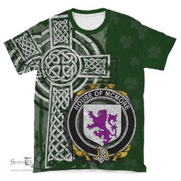 ScotsTee Shop Irish McMore or More Coat of Arms Irish Family Crest T Shirt Irish Shamrock Celtic Cross Green T Shirt