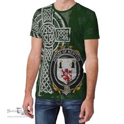 ScotsTee Shop Irish Newton Coat of Arms Irish Family Crest T Shirt Irish Shamrock Celtic Cross Green T Shirt