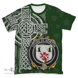 ScotsTee Shop Irish Newton Coat of Arms Irish Family Crest T Shirt Irish Shamrock Celtic Cross Green T Shirt