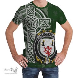 ScotsTee Shop Irish Newton Coat of Arms Irish Family Crest T Shirt Irish Shamrock Celtic Cross Green T Shirt
