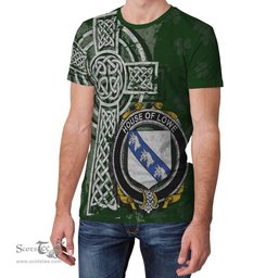 ScotsTee Shop Irish Lowe Coat of Arms Irish Family Crest T Shirt Irish Shamrock Celtic Cross Green T Shirt