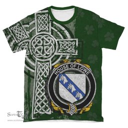 ScotsTee Shop Irish Lowe Coat of Arms Irish Family Crest T Shirt Irish Shamrock Celtic Cross Green T Shirt