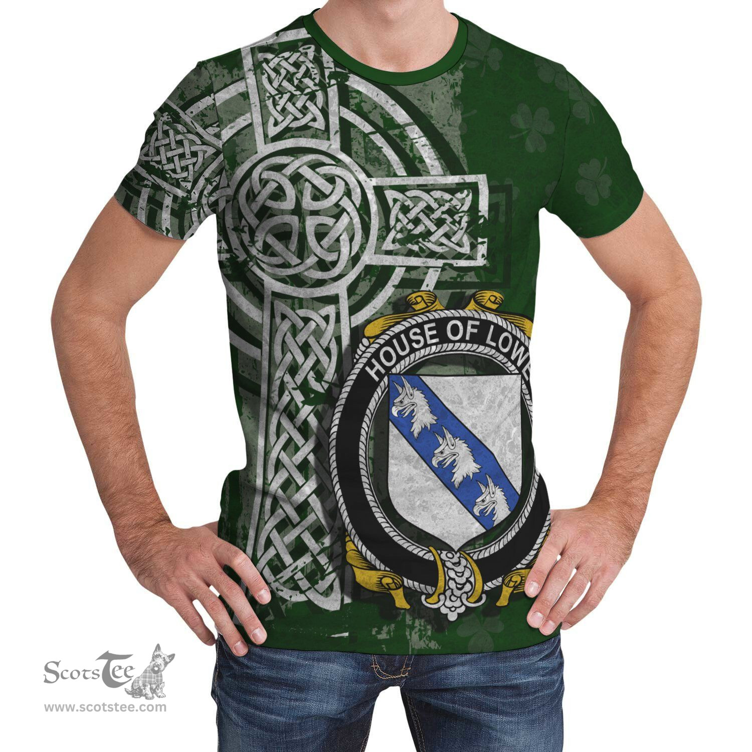 ScotsTee Shop Irish Lowe Coat of Arms Irish Family Crest T Shirt Irish Shamrock Celtic Cross Green T Shirt