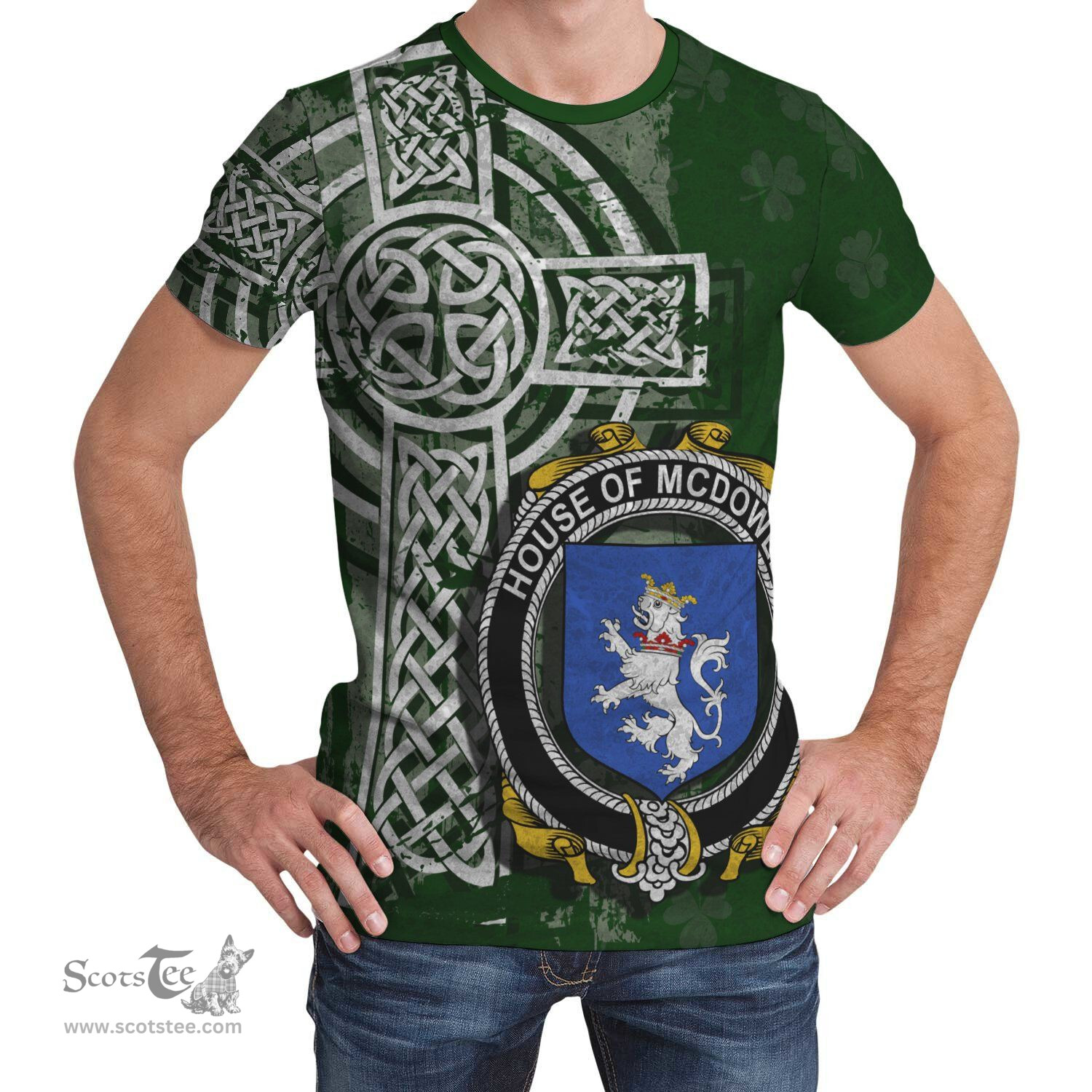 ScotsTee Shop Irish McDowell Coat of Arms Irish Family Crest T Shirt Irish Shamrock Celtic Cross Green T Shirt