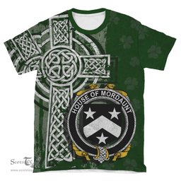 ScotsTee Shop Irish Mordaunt Coat of Arms Irish Family Crest T Shirt Irish Shamrock Celtic Cross Green T Shirt