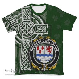 ScotsTee Shop Irish Melaghlin or O'Melaghlin Coat of Arms Irish Family Crest T Shirt Irish Shamrock Celtic Cross Green T Shirt