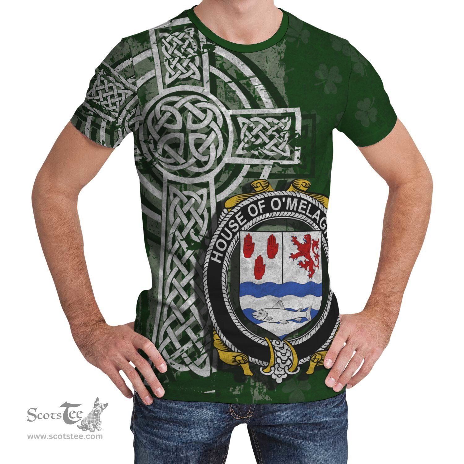 ScotsTee Shop Irish Melaghlin or O'Melaghlin Coat of Arms Irish Family Crest T Shirt Irish Shamrock Celtic Cross Green T Shirt