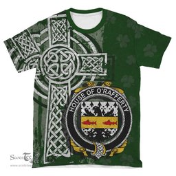 ScotsTee Shop Irish Rafferty or O'Rafferty Coat of Arms Irish Family Crest T Shirt Irish Shamrock Celtic Cross Green T Shirt